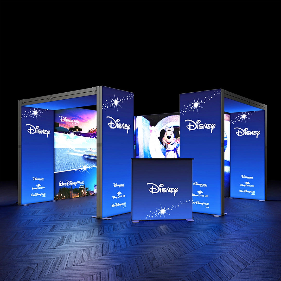 A set of backlit display arches with a Disney theme, featuring vibrant graphics and built-in LED edge lights.