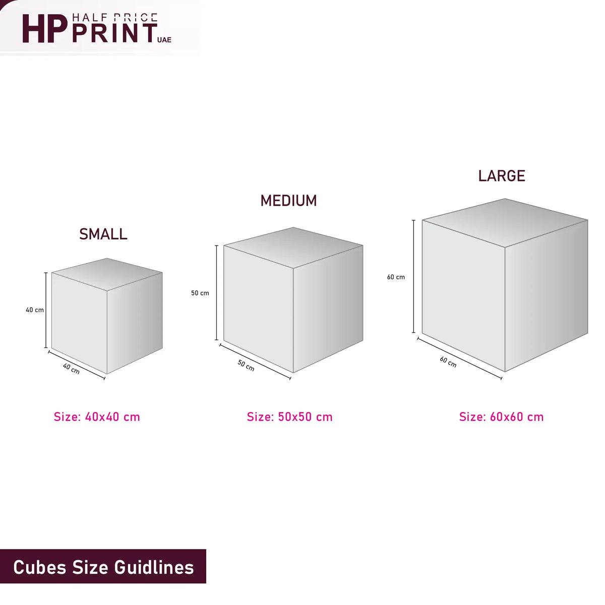 Size guidelines for small, medium, and large cubes with dimensions on a white background.