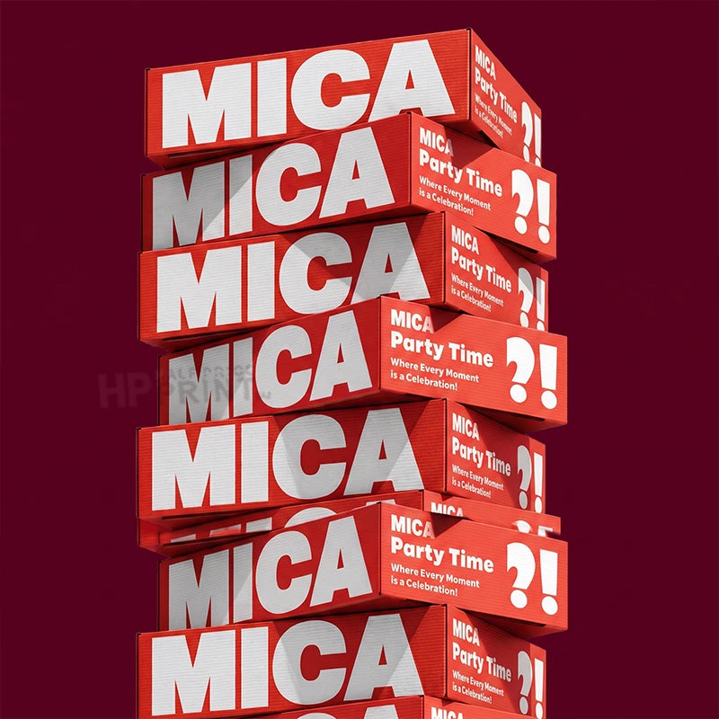 A stack of red rectangular corrugated boxes with bold white text reading 'MICA' and 'MICA Party Time' on a dark burgundy background.