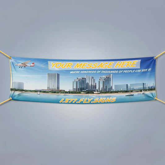 Promotional fabric banner with customizable text over a cityscape background