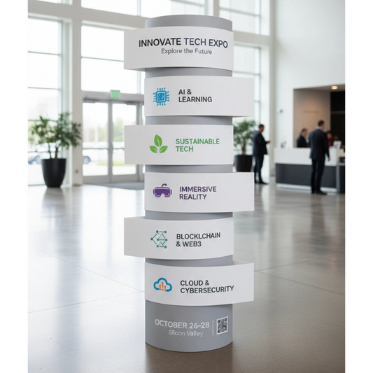 Lama display standee with categories of technology at an expo in a modern building.