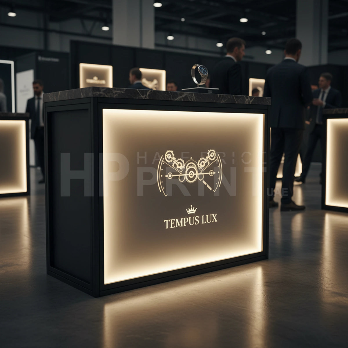 Decorative display with 'Tempus Lux' branding in a dark room with people around