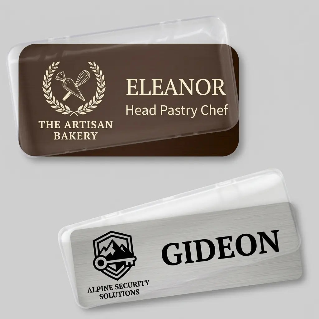 Two name badges with different logos and text on a gray background