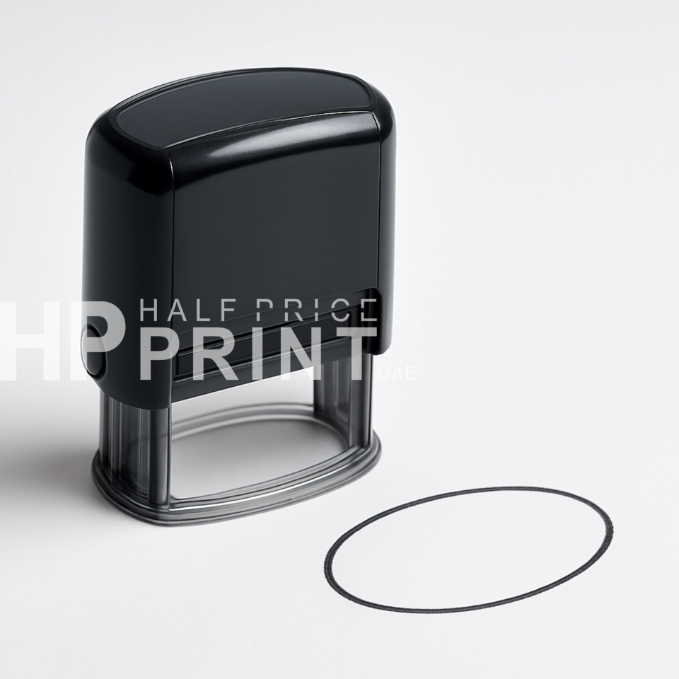 Black self-inking stamp with 'HALF PRICE PRINT' text on a white background