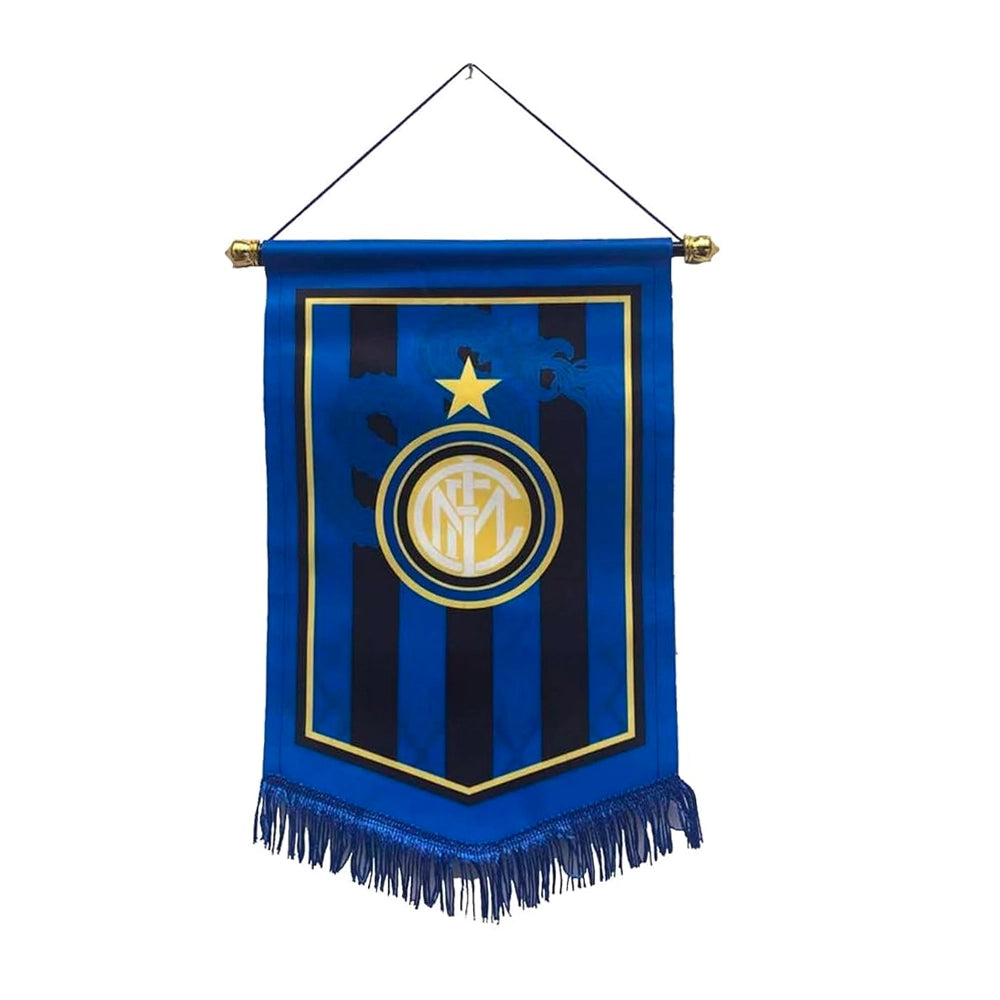 Blue and black Inter Milan pennant flag with vertical stripes, gold club crest and star detail, hanging cord at the top and tasselled fringe at the bottom.