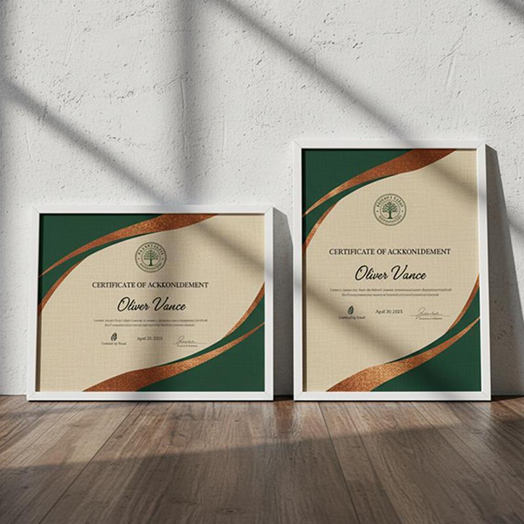 Two framed certificates with green and gold design on a wooden floor and light gray wall background.