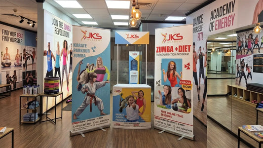 Displayed standee, rollups, promotional table stand in fitness academy