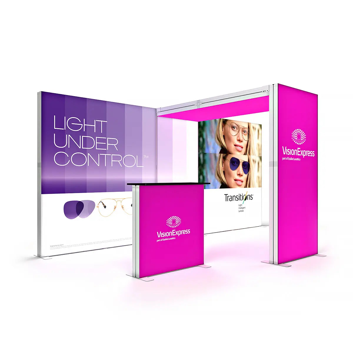 A trade show display scheme featuring pink and purple elements, with the text 'LIGHT UNDER CONTROL' and the brand 'VeroVero' displayed.