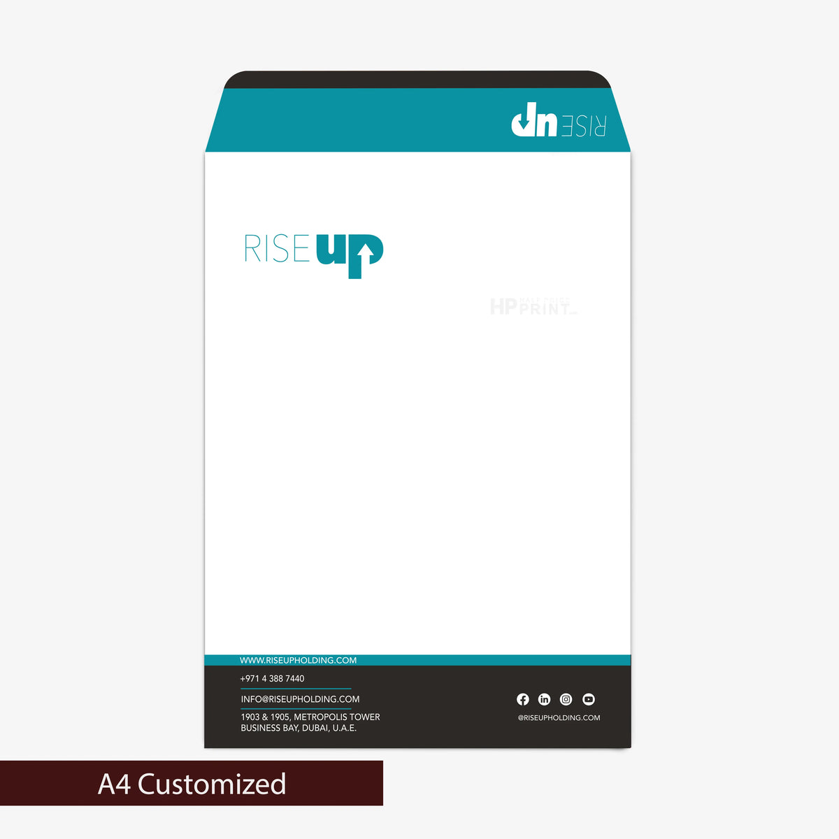 Envelope with 'RISE up' branding on a white background