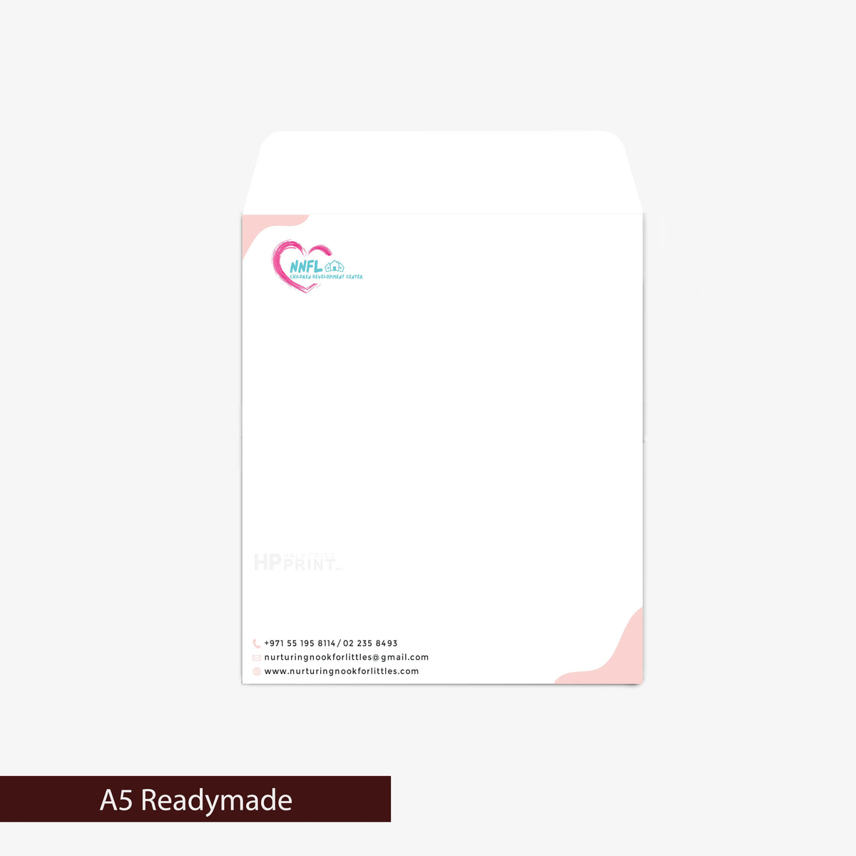 A5 size card with a logo and contact information on a white background