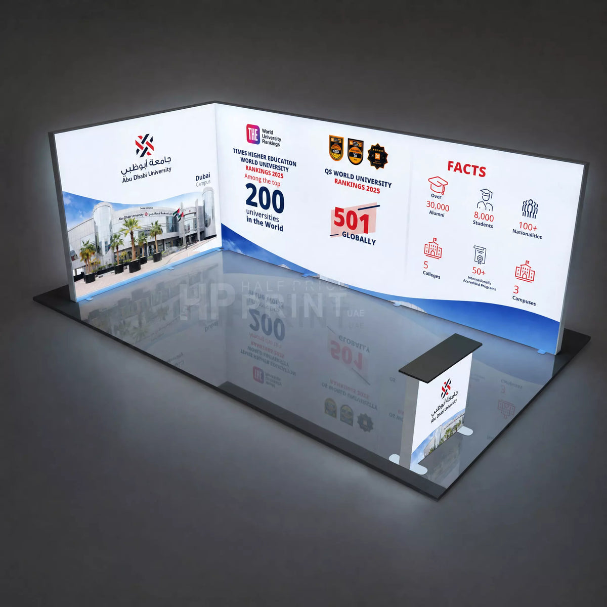 Backlit exhibition display stand with text and graphics on a dark background