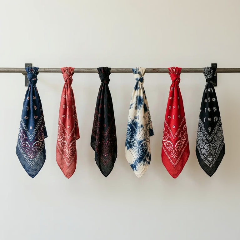 Set of bandanas in various colors and patterns hanging on a rod against a white background