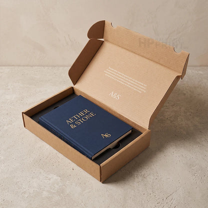 A navy blue hardcover book with gold lettering reading 'AETHER & STONE' and a gold monogram, presented inside an open kraft mailer box on a light stone surface.