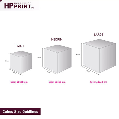 Size guidelines for small, medium, and large cubes with dimensions on a white background.
