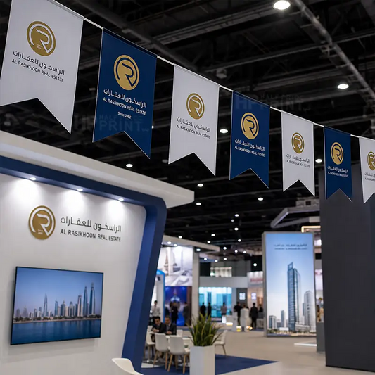 Expo 2025 booth display for Al Rashidoon Real Estate, featuring a modern white and blue booth, bunting flags with Arabic and English branding, banners, and a cityscape display screen.