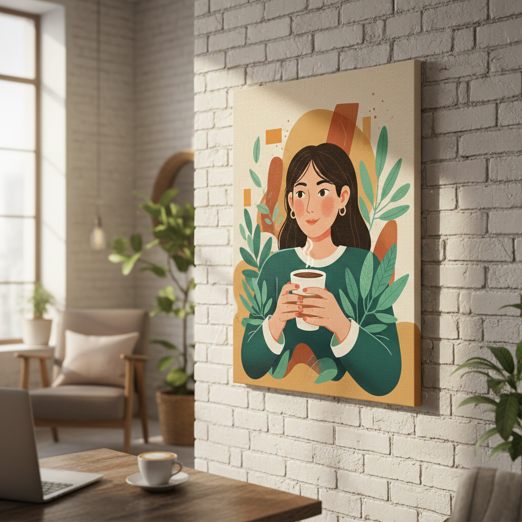 Canvas artwork of a woman holding a cup on a wall in a cozy room with plants and a laptop.