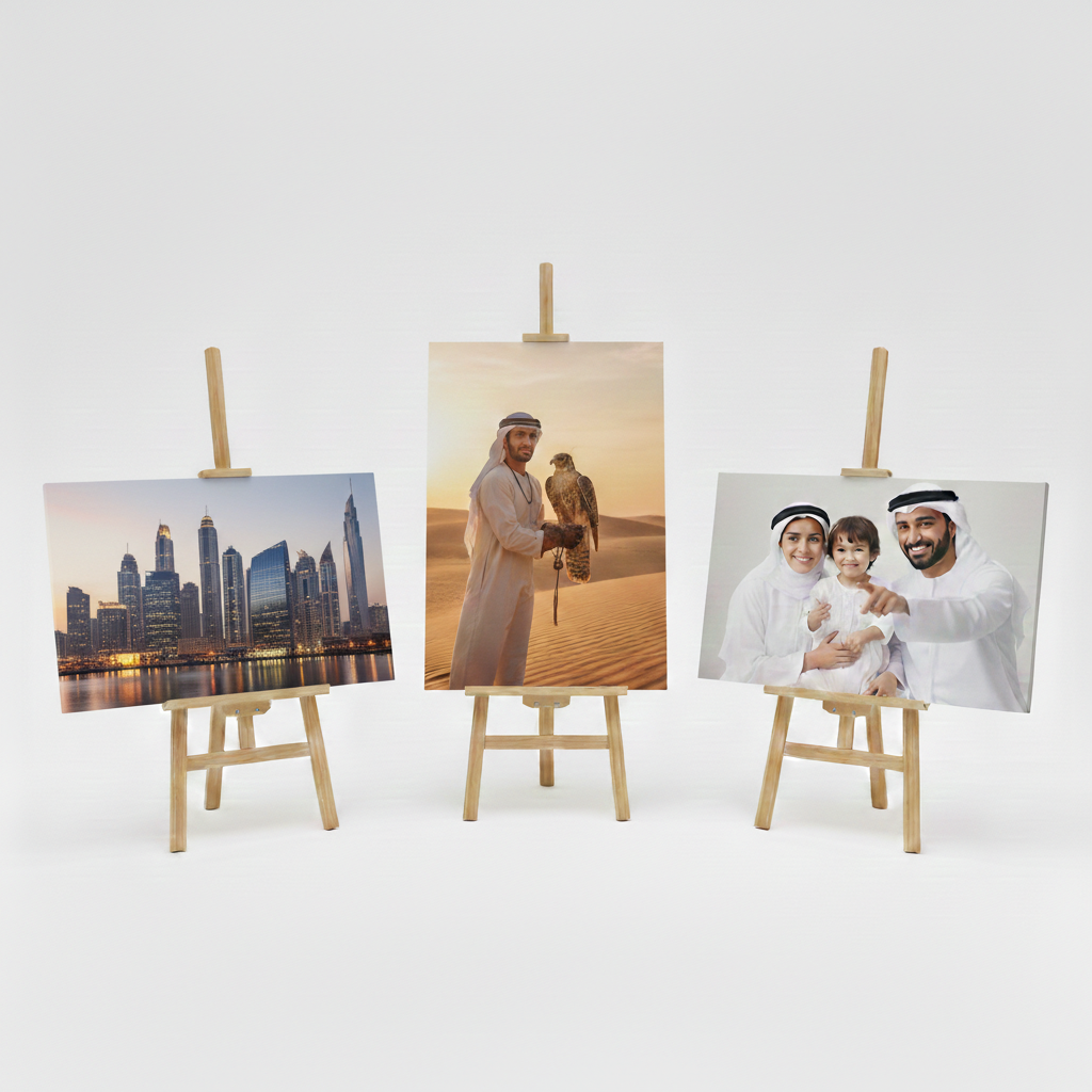 Three photo canvas prints on easels with different subjects displayed on a white background