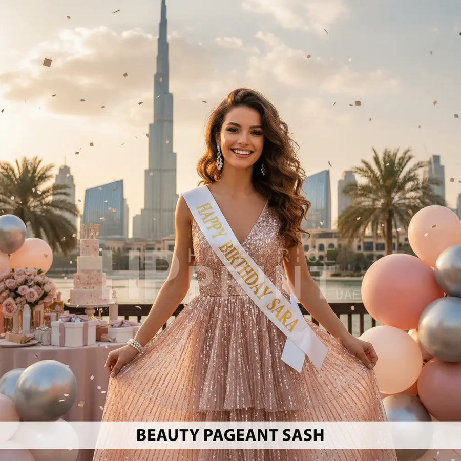 Woman in a sparkling dress with a 'Happy Birthday Sara' sash, standing in front of a city skyline with balloons and a cake.