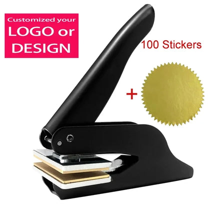 A black rectangular-shaped embossing seal with a handle, accompanied by a stack of gold-colored stickers, indicating customization of logo or design.