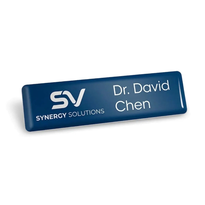 Blue name tag with 'SV Synergy Solutions' logo and text on a white background