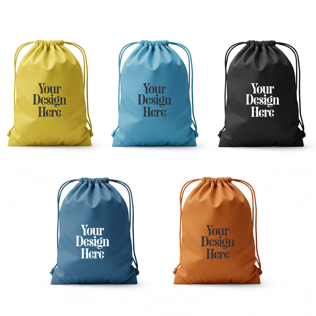 Five drawstring bags in different colors with 'Your Design Here' text on a white background