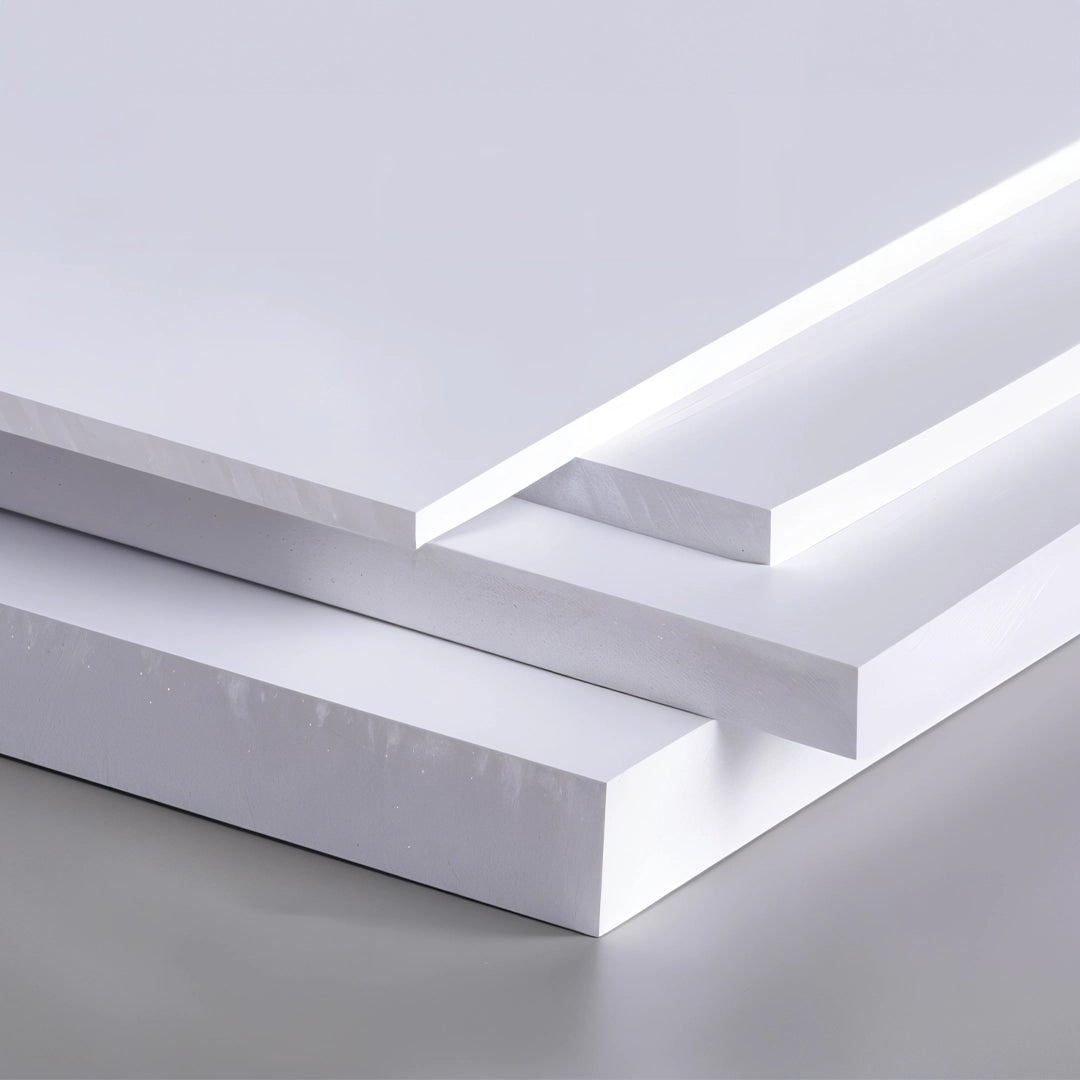 Stack of white foam boards with a glossy finish, displaying the edges and surfaces.