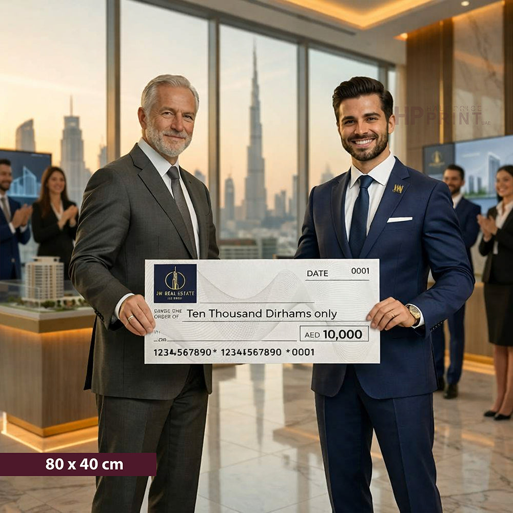 Two men in suits holding a large cheque in an office setting with cityscape background