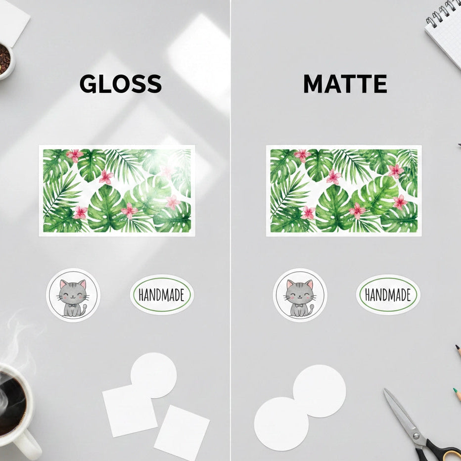 Comparison of gloss and matte finishes on printed materials with decorative elements.
