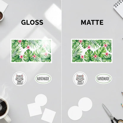Comparison of gloss and matte finishes on printed materials with decorative elements.