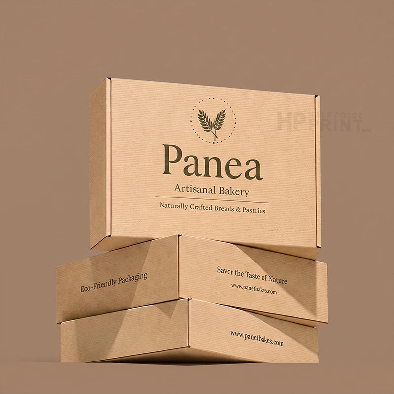 Three stacked kraft paper bakery boxes with printed branding for Panea Artisanal Bakery on a warm taupe background.