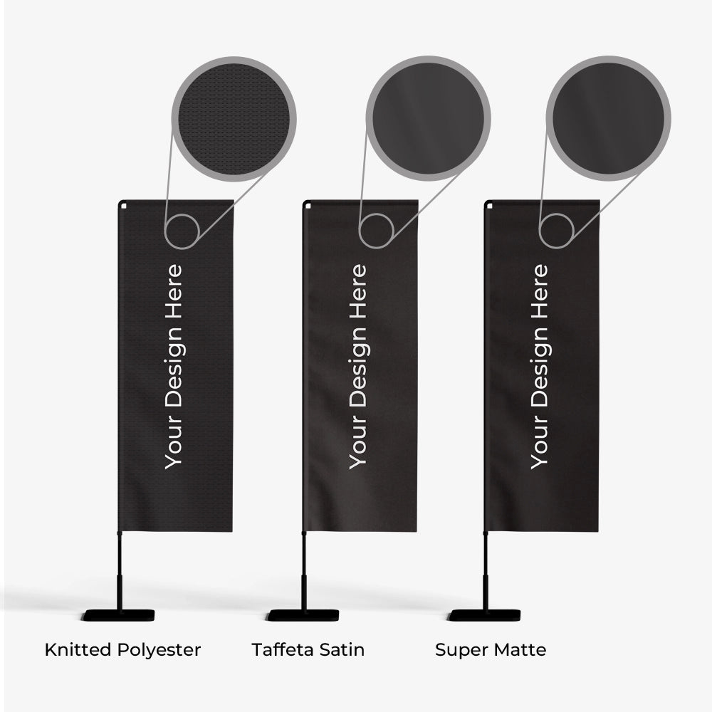 Three black vertical banners with placeholder text on a white background