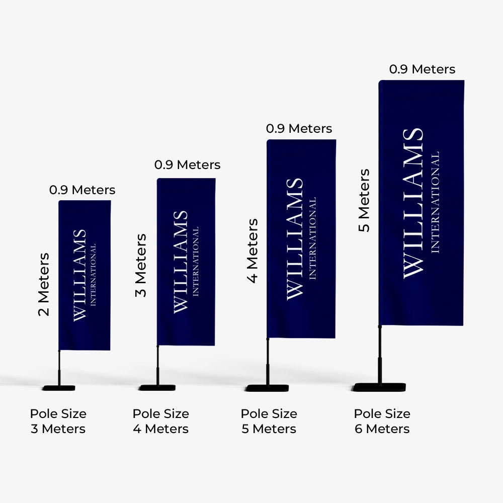 Set of Williams International branded flags with varying heights and pole sizes on a white background.