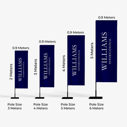 Set of Williams International branded flags with varying heights and pole sizes on a white background.