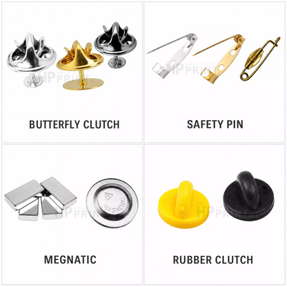 Collection of butterfly clutch, safety pin, magnetic, and rubber clutch parts on a white background.