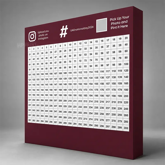 A freestanding rectangular display mosaic board with a dark burgundy side and a white front grid numbered 1 to 300, featuring social media text and a photo-upload placeholder. The board is photographed on a neutral gray studio background.