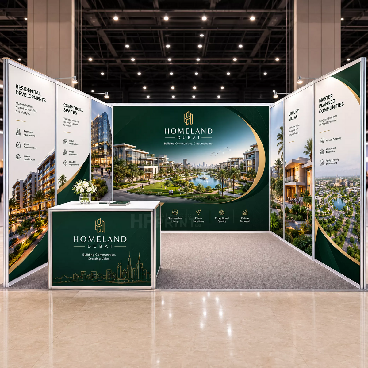 A real estate exhibition booth display for 'Homeland Dubai' featuring a central table, a large back wall, and three side panels with architectural project images and text, set up in a convention center.