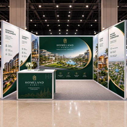 A real estate exhibition booth display for 'Homeland Dubai' featuring a central table, a large back wall, and three side panels with architectural project images and text, set up in a convention center.