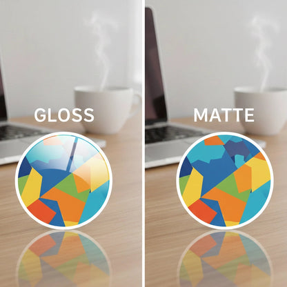 Comparison of gloss and matte finishes on a colorful geometric design sticker.