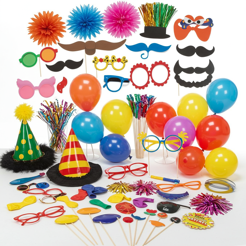 A colorful collection of party supplies spread out on a white background, including bright balloons, paper pom-poms, party hats, novelty glasses, fake mustaches, masks, noisemakers, and confetti, arranged neatly for a festive celebration.