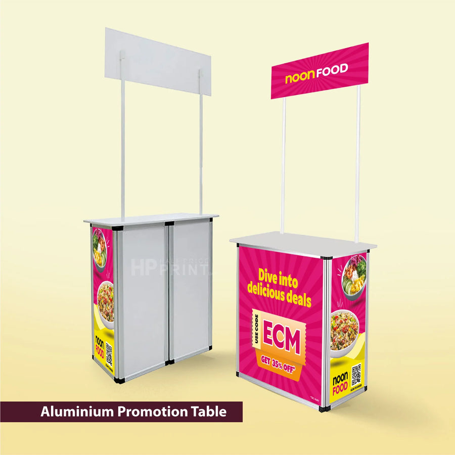 Aluminium promotion table with promotional materials on a beige background