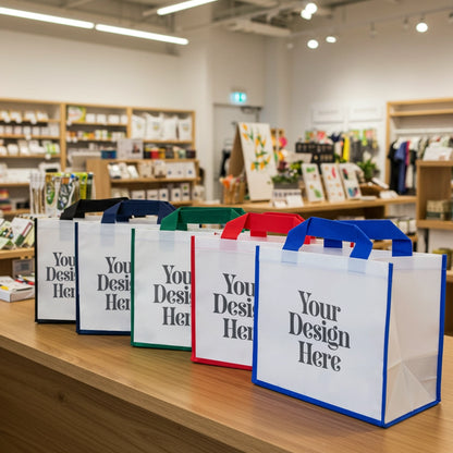Colorful shopping bags with 'Your Design Here' text on a store shelf.