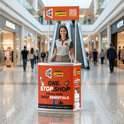 Promotional table stand for a shopping app in a mall with a person standing behind it.
