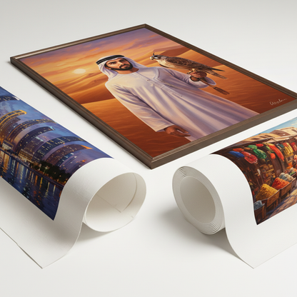 Framed artwork of a man with a falcon on a desert landscape, surrounded by rolled-up canvas prints.