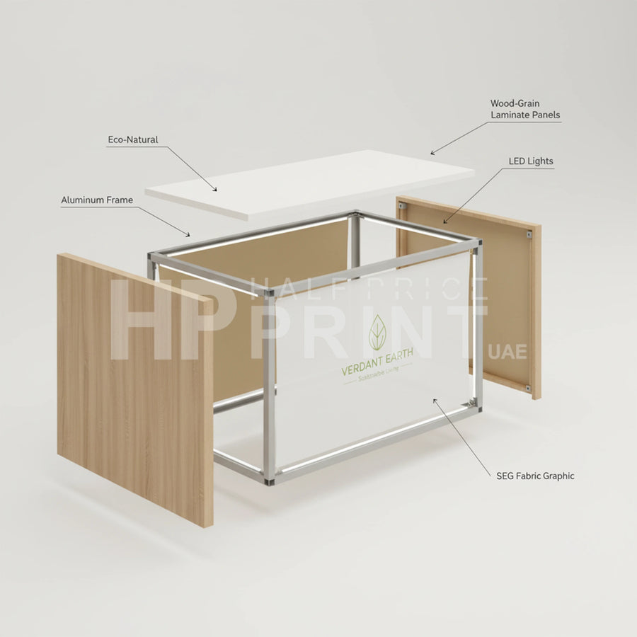 Wooden table with labeled components on a white background
