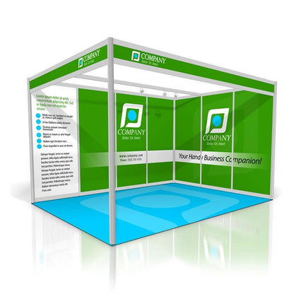 Shell scheme exhibition stand with green branded panels, aluminum frame structure, overhead header panels, and printed wall graphics, shown with a blue flooring area for trade shows and exhibitions.