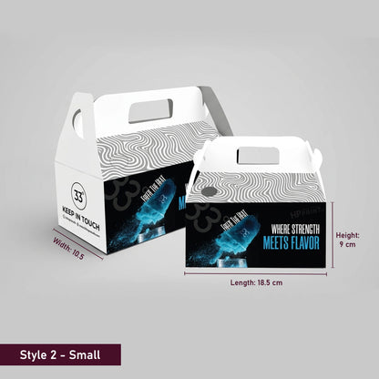 Small gable packaging box with printed design and dimensions on a gray background