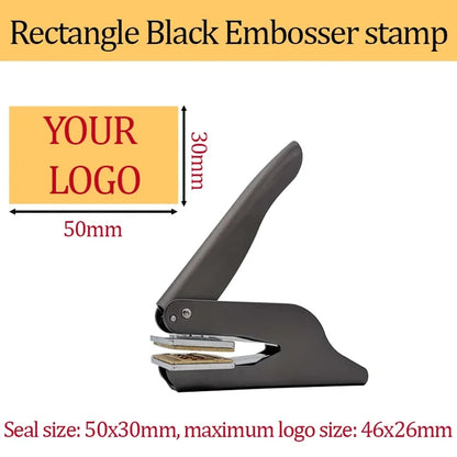 Black handheld rectangular embosser stamp showing a 50 × 30 mm seal size with logo placement guide.