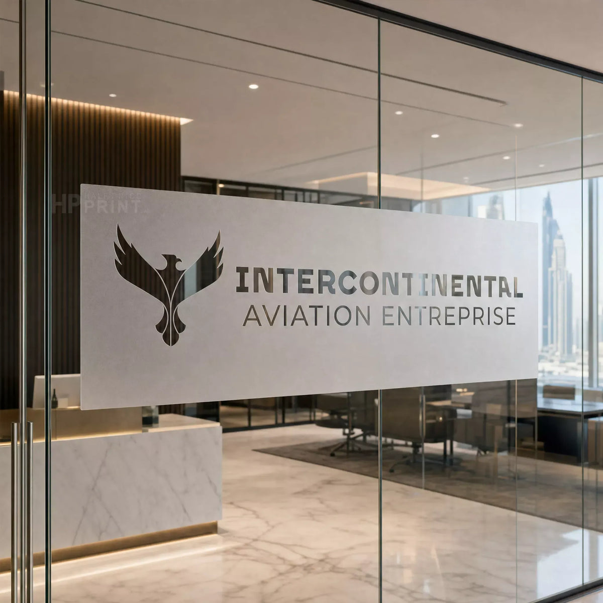 Glass door with 'Intercontinental Aviation Entreprise' logo in an office setting