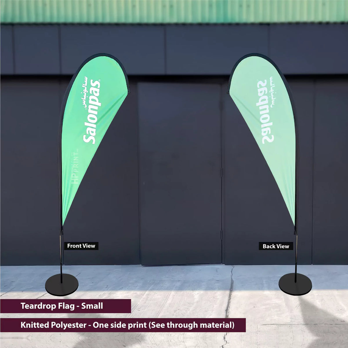 Teardrop flags with Salonpas branding on a plain background
