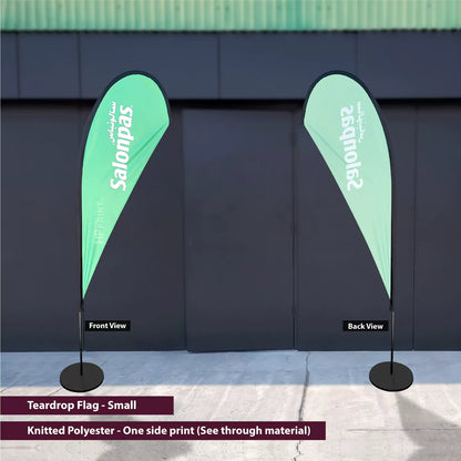 Teardrop flags with Salonpas branding on a plain background